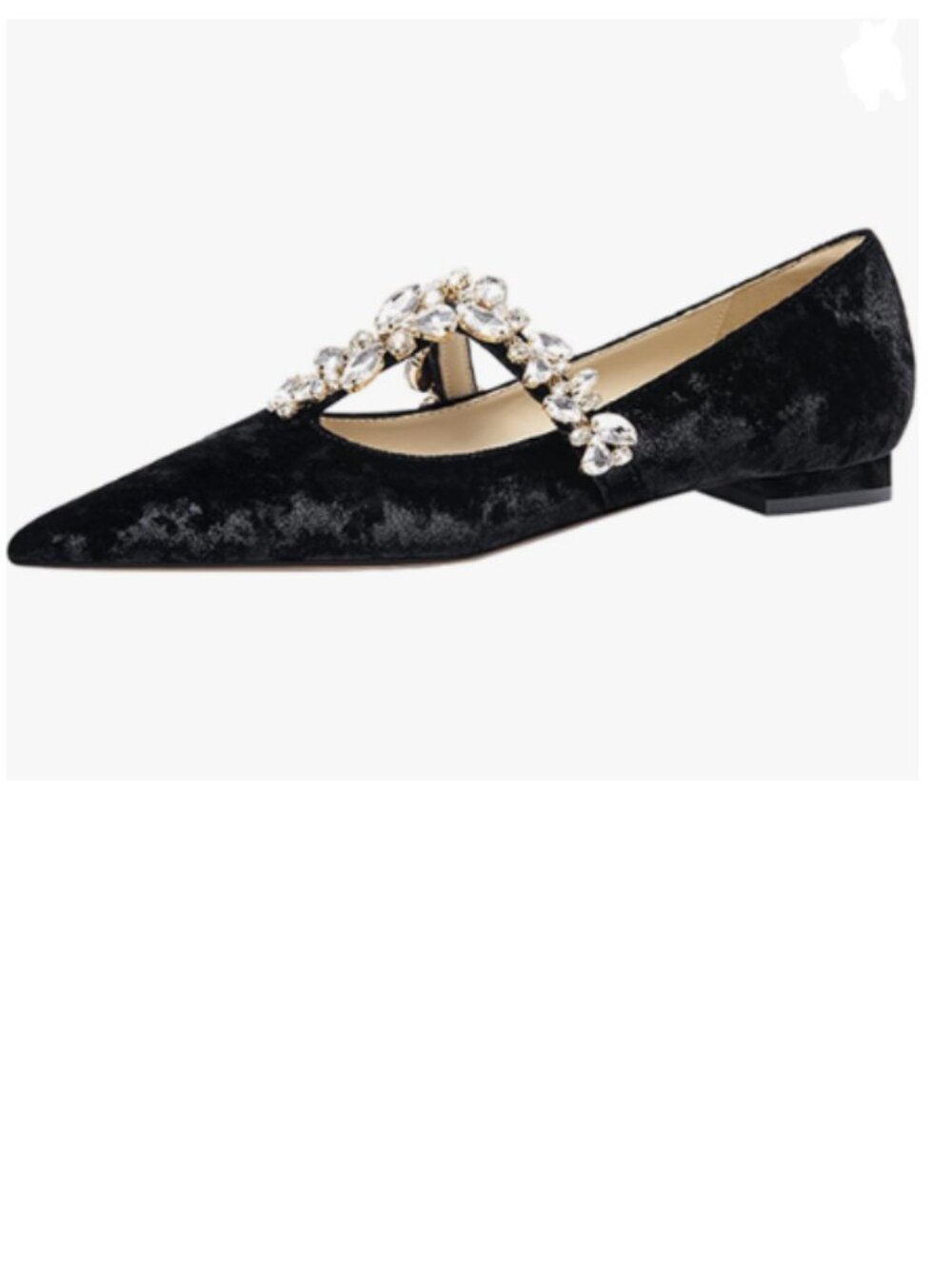 FOWT Black Pointed Toe Velvet Rhinestone T-Strap Mary Jane Wedding Daiting Shoes